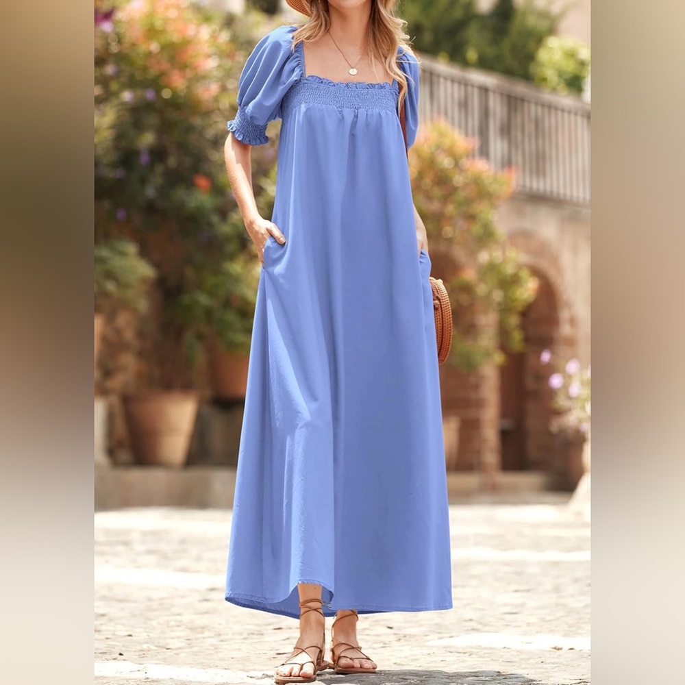 Light Blue Smocked Maxi Dress with Pockets - Picture 2 of 8
